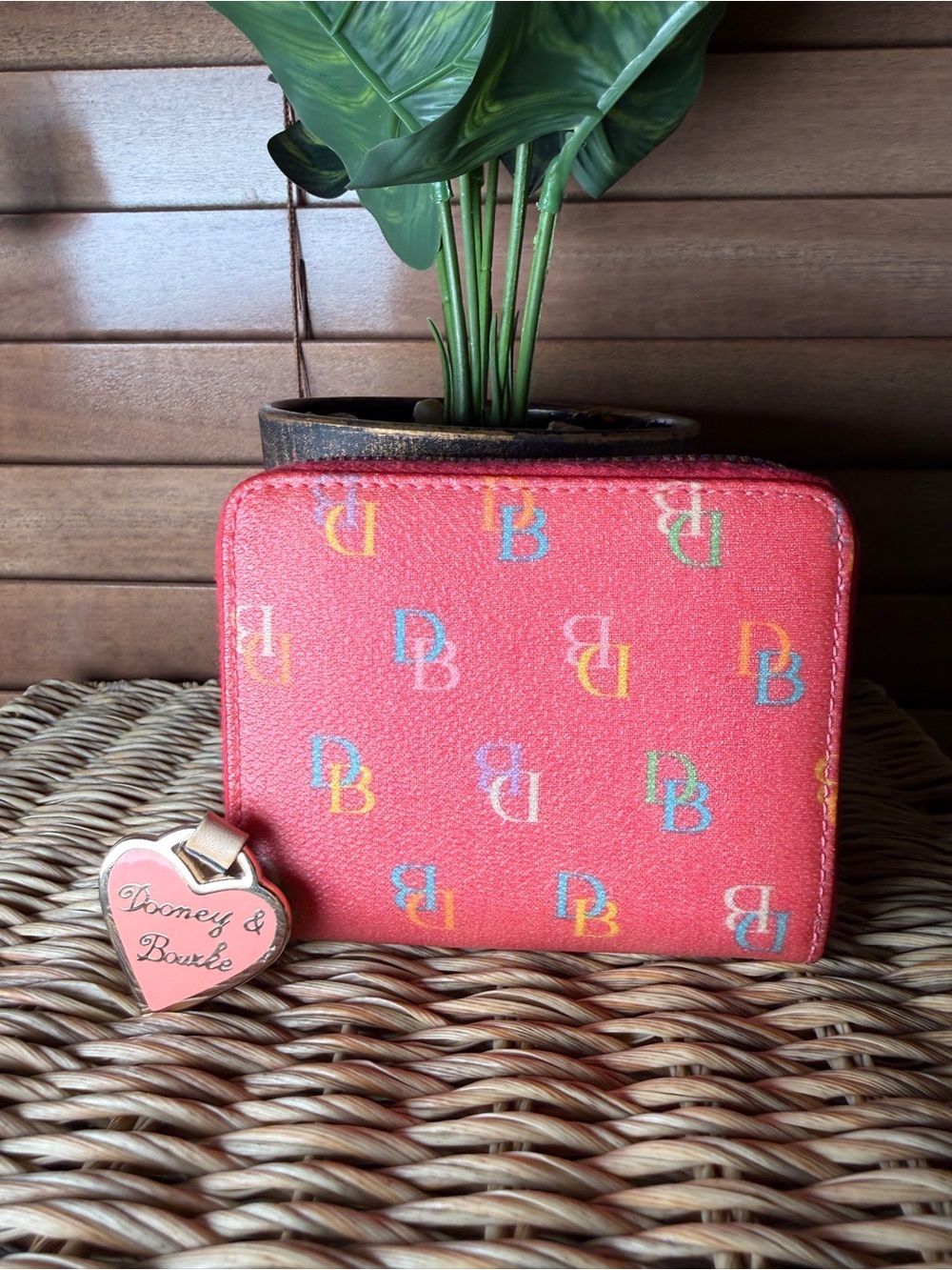 Dooney & Bourke Coral Multicolor DB Logo Zip Wallet with Heart Charm